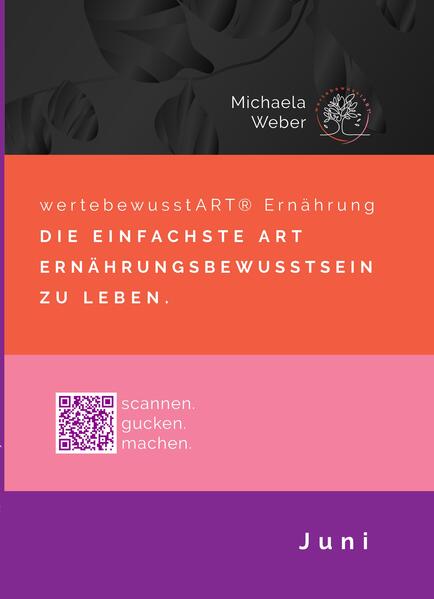 Das wertbewusstART Ernährungskochbuch wurde von Anfang bis Ende von der Ernährungs-Autorin Michaela Weber selbst kreiert. Sie zeigt uns gesunde, pflanzenbasierte Vollwertrezepte für eine genussvolle Selbstfürsorge. Mehr noch, das saisonale Ernährungskochbuch schafft eine Alltagsküche auf eine ganz einfache Art und Weise. Die Gerichte sind keine große Herausforderung - das kann jeder. Sie verbindet Körper, Geist und Umweltgesundheit und schafft damit ein neues Ernährungsbewusstsein. Das Buch ist nach dem Saison Monat Juni geordnet und mit den vorbereiteten Menüplänen schlemmen wir uns durch abwechslungsreiche 5-Tägige-Gesundheitswochen. Darüber hinaus finden wir bei den Einkaufs- und Vorratslisten ausführliche Hinweise, wie bewusster Lebensmittelkonsum funktioniert. Und auch die farbig gekennzeichneten Lebensmittelgruppen geben eine gute Orientierung. Michaela gestaltet für uns eine gesunde und minimalistische Lebensmittel-Vorratshaltung, ein kleines Basislager, das fest verwurzelt ist und trotzdem viel Freiraum für Abwechslung lässt. Ein System gegen Lebensmittelverschwendung! In diesem Ernährungsplan wird alles bis zum Ende verbraucht, weil jedes Lebensmittel perfekt auf die Gerichte abgestimmt wurde oder in der Resteküche verarbeitet wird. Wir freuen uns auf eine gesunde Essenswelt. Hier bleibt nichts dem Zufall überlassen, weil das Thema Ernährungsbewusstsein ernst genommen wird. Zusammen mit den "mitMach" Aufgaben und den lesenswerten Geschichten über die verarbeiteten Lebensmittel, schafft die Essensliebhaberin ein ganzheitliches System, das schmeckt und ganz natürlich ist. Wir erleben eine Ernährungswelt mit viel Gesundheit, Begeisterung und Mut. Das Ziel ist, dein Inneres gut zu versorgen und die äußere Welt besser zu machen.