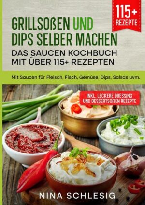 Grillsoßen und Dips selber machen - Das Saucen Kochbuch mit über 80+ BBQ-Rezepten Mit Saucen für Fleisch, Fisch, Gemüse, Dips, Salsas uvm. Dieses Soßen-Rezeptbuch ist voll von köstlichen, leicht zuzubereitenden Rezepten! Mit über 115+ Rezepten zur Auswahl, finden Sie in diesem Kochbuch bestimmt das, wonach Sie suchen... Kein sommerliches Grillfest.. ist ohne eine schmackhafte Barbecue-Sauce vollständig. Aber nicht alle Barbecue-Saucen sind süß und klebrig. Es gibt Hunderte von Sorten, die sich von Region zu Region unterscheiden, aber die gängigsten basieren auf drei verschiedenen Grundlagen: Tomate, Senf oder Essig. Eine gute Barbecue-Sauce sollte den rauchigen Geschmack von Grillgerichten wie Rippchen, Rinderbrust und Hähnchen ergänzen (und nicht überdecken). Außerdem sollte sie ausgewogen sein, je nach Art der Sauce mit einer gewissen Süße und einem Hauch von Schärfe durch die Säure. Hier einige Tipps… - Bestreichen Sie den Grillrost vor dem Vorheizen mit Antihaftspray oder Pflanzenöl, damit das Grillgut nicht kleben bleibt. - Wenn Sie Fisch grillen, legen Sie ihn zuerst mit der Hautseite nach unten oder auf mit Antihaft-Spray bestrichene Alufolie. - Lachs ist ein beliebtes Grillgut, da er nicht so schnell austrocknet. Da er reich an natürlichen Omega-Ölen ist, können Sie ihn auf den Grill legen, ohne ihn mit Öl zu bestreichen. Grillen Sie den Lachs zunächst mit der Hautseite nach oben. So kann das natürliche Fett unter der Haut in das Filet einziehen und es bleibt reichhaltig und feucht. (mehr Tipps finden Sie im Saucen Buch)