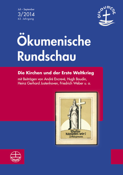 Die Ökumenische Rundschau erinnert an den Beginn des Ersten Weltkrieges vor 100 Jahren. Sie untersucht die Rolle der europäischen Kirchen in dieser Zeit aus verschiedenen Perspektiven und Ländern. Sie gedenkt der Friedensaufrufe des Papstes Benedikt XV., der mit seiner Neutralität und Antikriegshaltung in den kriegsbeteiligten Staaten kein Gehör fand. Sie blickt zurück auf die englisch-deutschen Friedenskonsultationen christlicher Kirchen in den Jahren 1908/1909 und auf die ökumenisch besetzte internationale Friedenskonferenz in Konstanz, die am 1. August 1914-am Tag des Kriegsausbruchs-begann, dann aber abgebrochen werden musste und aus der schließlich der Internationale Versöhnungsbund hervorging. Sie berichtet darüber, wie in Belgien und anderen europäischen Ländern der Schrecken des Ersten Weltkriegs gedacht wird.