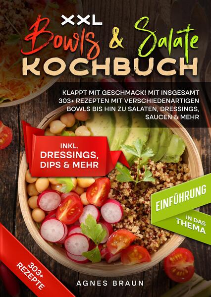 Dieses Bowls-Salate-Kochbuch ist voll von köstlichen, leicht zuzubereitenden Rezepten! Mit über 303+ Rezepten zur Auswahl, finden Sie in diesem Kochbuch bestimmt das, wonach Sie suchen... Die Bowl und weiter? Beim Zusammenstellen einer Bowl ist Ausgewogenheit das A und O. Danach ist alles möglich. Viele Restaurants bieten die Möglichkeit, die Bowl selbst zusammenzustellen, was Ihnen eine Vorstellung davon gibt, wie vielseitig das Gericht sein kann. Einige der besten Bowls sind die, die man aus Resten oder dem, was man gerade im Kühlschrank hat, zubereitet. Hier ist eine kurze Übersicht, wie Sie Ihre eigene machen können: 1. Wählen Sie einen körnigen Boden. Füllen Sie den Boden einer großen Schüssel ⅓ des Bodens mit heißen oder kalten Vollkornprodukten wie braunem Reis, Bulgur, Gerste, Quinoa oder Polenta. Vollkorngetreide ist die häufigste Grundlage für Bowls, aber Sie können auch andere komplexe Kohlenhydrate wie Kartoffeln, Vollkornnudeln und Nudeln verwenden, die die Aromen ebenfalls gut aufnehmen. 2. Häufen Sie das Gemüse. Ordnen Sie eine Reihe von Gemüsesorten büschelweise auf dem Boden an. Wählen Sie Gemüse mit Farben und Konsistenzen, die sich gegenseitig ergänzen, z. B. knackigen gedünsteten Brokkoli mit zarten Butternusskürbiswürfeln, cremige Avocadoscheiben mit knackigen Maiskörnern oder saftige rote Beete mit hellgrünen Erbsen. Verwenden Sie so viele, wie Sie möchten. Achten Sie bei der Zubereitung darauf, dass alle Beläge mundgerecht sind, damit sie sich leicht vermengen und mit einer Gabel oder einem Löffel essen lassen. Was darf nicht fehlen? - ein hausgemachtes Dressing… Wenn ein Dressing hausgemacht ist, ist es in den meisten Fällen auch gesund. Es enthält keine Konservierungs- und Zusatzstoffe, die in gekauften Dressings enthalten sind. Ein Dressing muss die folgenden Richtlinien erfüllen, um als gesund zu gelten: Enthält keine verarbeiteten Zutaten oder Zusatzstoffe - kein Sojalecithin, Maissirup mit hohem Fructosegehalt, Zucker und andere verarbeitete Zusatzstoffe, die gekaufte Dressings jahrelang haltbar machen. Außerdem enthält es keine verarbeiteten Öle wie Raps- oder Pflanzenöl. Diese Öle wurden raffiniert, wodurch ihnen ein Teil ihres Nährwerts genommen wurde Wenig oder kein Zucker - Übermäßiger Zuckerkonsum wird mit Diabetes, Fettleibigkeit und Herzkrankheiten in Verbindung gebracht. Wenn ein Dressing einen Hauch von Süße braucht, werden natürliche Zuckerarten wie Honig oder Ahornsirup in geringen Mengen verwendet. Enthält echte Lebensmittel - Im Allgemeinen bestehen gesunde Dressings aus echten Lebensmitteln, die nur wenige oder weniger Zutaten enthalten. (mehr Informationen finden Sie im Buch)