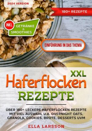 Dieses Haferflocken Rezeptbuch ist voll von köstlichen, leicht zuzubereitenden Rezepten! Mit über 180+ Gerichten zur Auswahl, finden Sie in diesem Kochbuch bestimmt das, wonach Sie suchen... Hafer bietet eine Vielzahl von Nährstoffen, darunter Kohlenhydrate, lösliche Ballaststoffe, sekundäre Pflanzenstoffe, Vitamine und Mineralien, um nur einige zu nennen. Die positiven Eigenschaften von Haferflocken gehen über die Ernährung hinaus. Haferflocken können den Cholesterinspiegel senken und die Verdauung fördern. Äußerlich können sie zur Linderung von Juckreiz und entzündungsbedingten Reizungen eingesetzt werden. Denken Sie daran, dass Instant-Haferflocken eine Vielzahl von Zusatzstoffen, raffiniertem Zucker und Konservierungsmitteln enthalten, die den Nährwert der Haferflocken im Vergleich zu ihrem biologischen und naturbelassenen Gegenstück herabsetzen können. Das Geheimnis einer gesunden Haferflocken-Zubereitung ist die Verwendung reiner Haferflocken, die nur minimal verarbeitet wurden und keinerlei Zusatz von Zucker oder Konservierungsstoffen enthalten. Gewichtsabnahme (Diät) mit Haferflocken Wie Sie Hafer in Ihre Ernährung einbauen Sie können Hafer auf verschiedene Weise genießen. Die beliebteste Art ist, Haferflocken (Porridge) zum Frühstück zu essen. Das brauchen Sie für die Zubereitung von Haferflocken: •Ca. 50 g Haferflocken •250 ml Wasser oder Milch •Eine Prise Salz Geben Sie die Zutaten in einen Topf und bringen Sie sie zum Kochen. Reduzieren Sie die Hitze auf ein Köcheln und kochen Sie die Haferflocken unter gelegentlichem Rühren, bis sie weich sind. Um Haferflocken schmackhafter und noch nahrhafter zu machen, können Sie Zimt, Früchte, Nüsse, Samen und griechischen Joghurt hinzufügen. (mehr Tipps finden Sie im Haferflocken Buch)