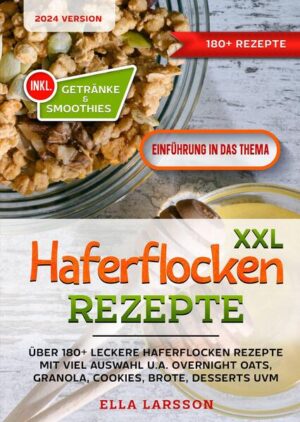 Dieses Haferflocken Rezeptbuch ist voll von köstlichen, leicht zuzubereitenden Rezepten! Mit über 180+ Gerichten zur Auswahl, finden Sie in diesem Kochbuch bestimmt das, wonach Sie suchen... Hafer bietet eine Vielzahl von Nährstoffen, darunter Kohlenhydrate, lösliche Ballaststoffe, sekundäre Pflanzenstoffe, Vitamine und Mineralien, um nur einige zu nennen. Die positiven Eigenschaften von Haferflocken gehen über die Ernährung hinaus. Haferflocken können den Cholesterinspiegel senken und die Verdauung fördern. Äußerlich können sie zur Linderung von Juckreiz und entzündungsbedingten Reizungen eingesetzt werden. Denken Sie daran, dass Instant-Haferflocken eine Vielzahl von Zusatzstoffen, raffiniertem Zucker und Konservierungsmitteln enthalten, die den Nährwert der Haferflocken im Vergleich zu ihrem biologischen und naturbelassenen Gegenstück herabsetzen können. Das Geheimnis einer gesunden Haferflocken-Zubereitung ist die Verwendung reiner Haferflocken, die nur minimal verarbeitet wurden und keinerlei Zusatz von Zucker oder Konservierungsstoffen enthalten. Gewichtsabnahme (Diät) mit Haferflocken Wie Sie Hafer in Ihre Ernährung einbauen Sie können Hafer auf verschiedene Weise genießen. Die beliebteste Art ist, Haferflocken (Porridge) zum Frühstück zu essen. Das brauchen Sie für die Zubereitung von Haferflocken: •Ca. 50 g Haferflocken •250 ml Wasser oder Milch •Eine Prise Salz Geben Sie die Zutaten in einen Topf und bringen Sie sie zum Kochen. Reduzieren Sie die Hitze auf ein Köcheln und kochen Sie die Haferflocken unter gelegentlichem Rühren, bis sie weich sind. Um Haferflocken schmackhafter und noch nahrhafter zu machen, können Sie Zimt, Früchte, Nüsse, Samen und griechischen Joghurt hinzufügen. (mehr Tipps finden Sie im Haferflocken Buch)