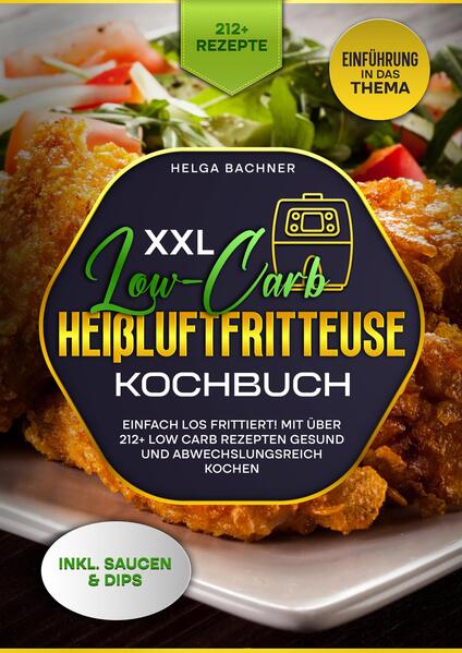 Dieses Low Carb-Heißluftfritteuse-Kochbuch ist voll von köstlichen, leicht zuzubereitenden Rezepten! Mit über 212+ Rezepten zur Auswahl, finden Sie in diesem Kochbuch bestimmt das, wonach Sie suchen... Die Funktionsweise von Heißluftfritteusen… …ist einfach zu verstehen. Heiße Luft zirkuliert die von Ihnen eingelegten Lebensmittel. Wie bei jedem anderen Kochvorgang sorgt eine chemische Reaktion, der so genannte Maillard-Effekt, für das farbige Aussehen und den Geschmack der Lebensmittel. Die erhitzte Luft in der Fritteuse enthält feine Öltröpfchen, die den Lebensmitteln die Feuchtigkeit entziehen. Interessanterweise müssen Sie für einen erfolgreichen Garprozess keine große Menge Öl einfüllen. Sie können nur einen Esslöffel verwenden und erhalten knusprige, traditionell frittierte Lebensmittel, die köstlich schmecken. Das Ergebnis ist ein Gericht, das keine ungesunden Fette und Kalorien enthält. Was ist eine Heißluftfritteuse und wie funktioniert sie? Ähnlich wie ein Umluftofen kann eine Heißluftfritteuse Gerichte backen und braten, aber ihr Design ermöglicht ein schnelleres und gleichmäßigeres Garen für besonders knusprige Ergebnisse. Das Gerät ist mit einem Heizmechanismus und einem Gebläse ausgestattet, das in die Oberseite eingebaut ist. Es heizt sich schnell auf und sorgt für eine rasche Zirkulation der heißen Luft, die das Essen im Metallkorb gart. Solange die Fritteuse nicht überfüllt ist, erhält das Gericht durch die konzentrierte Hitzequelle eine knusprige, fast frittierte Textur. Ist das Kochen mit einer Heißluftfritteuse gesund? Die große Attraktivität der Heißluftfritteuse besteht darin, dass sie mit wenig Öl eine sehr knusprige Textur erzeugt, was sie zu einer gesunden Alternative zum traditionellen Frittieren macht. Mit einer Heißluftfritteuse genügt es, die Zutaten in ein paar Teelöffeln Öl zu schwenken (oder bei einigen Rezepten das Öl ganz wegzulassen), um ein köstlich knuspriges Gericht mit deutlich weniger Fett und Kalorien zu erhalten.   Was versteht man unter Low-Carb? Eine Low-Carb-Diät bedeutet, dass Sie weniger Kohlenhydrate und einen höheren Anteil an Eiweiß und Fett essen. Dies kann auch als Keto-Diät bezeichnet werden. Allerdings führen nicht alle Low-Carb-Diäten zu einer Ketose. Jahrzehntelang wurde uns gesagt, dass Fett schädlich für unsere Gesundheit ist. In der Zwischenzeit überschwemmten fettarme "Diät"-Produkte, die oft viel Zucker enthalten, die Supermarktregale. Dies fiel mit dem Beginn der Fettleibigkeitsepidemie zusammen und war im Nachhinein betrachtet wahrscheinlich ein großer Fehler. Die Verbreitung fettarmer Produkte ist zwar kein Beweis für eine kausale Beziehung, aber es ist klar, dass die fettarme Botschaft die Zunahme der Fettleibigkeit nicht verhindert hat, und wir glauben, dass sie sogar dazu beigetragen hat. Studien legen nun nahe, dass es wenig Grund gibt, natürliche Fette zu fürchten. Bei einer kohlenhydratarmen Ernährung brauchen Sie keine Angst vor Fett zu haben. Reduzieren Sie einfach Ihren Zucker- und Stärkekonsum, achten Sie auf eine ausreichende - oder sogar hohe - Eiweißzufuhr, und Sie können genügend natürliches Fett essen, um Ihre Mahlzeiten zu genießen. Wenn Sie auf Zucker und Stärke verzichten, stabilisiert sich Ihr Blutzucker, und der Spiegel des fettspeichernden Hormons Insulin sinkt, was die Verbrennung der Fettspeicher im Körper erleichtern kann. (mehr Informationen finden Sie im Buch)