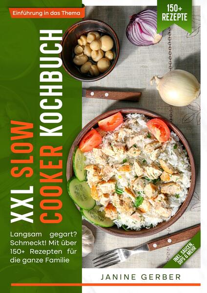 Dieses Slow-Cooker-Kochbuch ist voll von köstlichen, leicht zuzubereitenden Rezepten! Mit über 150+ Rezepten zur Auswahl, finden Sie in diesem Kochbuch bestimmt das, wonach Sie suchen... Slow Cooking ist wieder in Mode, und wie könnte man eine Mahlzeit einfacher zubereiten als in einem Slow Cooker? Es ist billiger, als den Backofen einzuschalten, da es viel weniger Strom verbraucht, und ein Slow Cooker ist auch kompakt. Durch das langsame und schonende Garen wird das Gemüse wunderbar aromatisch und das Fleisch schmelzend zart, so dass auch preiswerteres Fleisch im Slow Cooker eine Fünf-Sterne-Behandlung erfährt. Die meisten Rezepte für den Slow Cooker können in 30 Minuten oder weniger zubereitet werden, und viele benötigen nur 10 bis 15 Minuten aktive Vorbereitungszeit. Ganz gleich, ob Sie den ganzen Tag außer Haus sind oder einfach nur die Bequemlichkeit zu schätzen wissen, Ihr Abendessen im Voraus zuzubereiten - Rezepte aus dem Schnellkochtopf sind eine praktische Art zu kochen. Von Suppen und Eintöpfen bis hin zu Braten und sogar Nudelgerichten und Aufläufen sind Rezepte aus dem Kochtopf eine einfache Möglichkeit, Ihre Familie zu ernähren. Grundlagen Was ist ein Slow Cooker? Ein Slow Cooker ist ein elektrisches Gerät, das Lebensmittel langsam über einen Zeitraum von normalerweise 2 bis 12 Stunden garen kann. Um einen Slow Cooker zu verwenden, werden die Speisen in einen Steinguteinsatz im Boden des Slow Cookers gelegt. Die Hitze wird sowohl vom Boden als auch von den Seiten des Kochgefäßes aus verteilt. Sie sollten immer mit geschlossenem Deckel kochen, damit die Hitze im Inneren des Behälters gehalten wird und das Essen garen kann. Platzierung der Zutaten Legen Sie härtere Fleischstücke und kräftigeres Gemüse, wie Rindfleisch und Wurzelgemüse, zuerst in den Slow Cooker. Auf diese Weise befinden sie sich am Boden und näher an der Wärmequelle. Empfindlichere Lebensmittel, wie z. B. Brokkoli, sollten nach oben gelegt werden. In einigen Rezepten wird empfohlen, Zutaten mit kurzer Garzeit, wie z. B. Nudeln, erst gegen Ende der Garzeit hinzuzufügen. In anderen Rezepten soll die Soße auf der höchsten Stufe eingedickt werden, nachdem der Rest der Kochzeit beendet ist. Wenn in einem Rezept steht, dass die Nudeln 10 Minuten auf höchster Stufe gekocht oder die Soße angedickt werden soll, hängt die tatsächliche Kochzeit von Ihrem Slow Cooker ab. Sie hängt auch davon ab, ob Ihr Slow Cooker bereits auf der hohen oder auf der niedrigen Stufe kochte. Wenn Sie von der niedrigen auf die hohe Stufe umschalten, dauert es länger, bis die hohe Hitze erreicht ist. (mehr Informationen finden Sie im Buch)