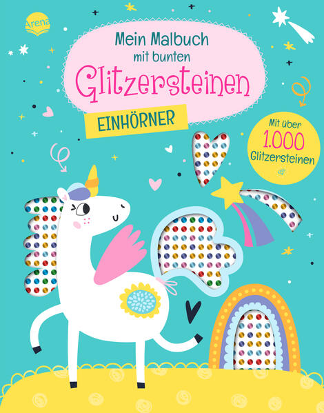 Einhorn- Malbuch mit über 1.000 Glitzersteinen Dieses Malbuch funkelt und glitzert! Zwölf wunderbar einhornige Bilder können zuerst ausgemalt und dann mit über 1.000 Glitzersteinen verziert und verschönert werden. Ob Regenbogen, Luftballons oder Einhorn- Mähne alles kann ausgemalt und mit den bunt funkelnden Steinchen gestaltet werden. Zum Schluss können die glitzer- schönen Seiten ganz leicht an der Perforierung herausgetrennt und bestaunt, aufgehängt oder verschenkt werden. Das lässt Einhorn- Herzen garantiert höherschlagen!