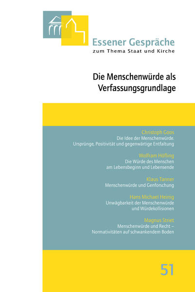 Die Würde des Menschen ist vor-positives Fundament der grundgesetzlichen Werteordnung und zugleich verbindlicher Maßstab für alles staatliche Handeln. Mit der „Menschenwürde als Verfassungsgrundlage“ behandelte das 51. „Essener Gespräch“ erneut eine sehr grundsätzliche Materie, die in vielen vorherigen Gesprächen zwar immer wieder einmal thematisiert, noch nie aber zum Thema selbst gemacht worden ist. Im ersten Teil der Tagung standen grundlegende Erwägungen zur Idee der Menschenwürde im Vordergrund. Sowohl im Einführungsvortrag als auch in der anschließenden Diskussion wurden insbesondere die Entstehungsgeschichte als auch der Rechtscharakter des Art.1 GG erörtert. Der zweite Teil der Tagung widmete sich zwei klassischen Anwendungsfällen der Forschungen zur Menschenwürde. Zum einen wurde die Würde des Menschen am Lebensbeginn und am Lebensende betrachtet. Zum anderen stand das Verhältnis von Menschenwürde und Genforschung im Fokus. Abgeschlossen wurde die Tagung mit einem juristischen Beitrag zur Frage der Unwägbarkeit der Menschenwürde und etwaiger Würdekollisionen sowie einer theologischen Verortung der Menschenwürde, die in einem engen Zusammenhang mit der Gottesebenbildlichkeit des Menschen steht.