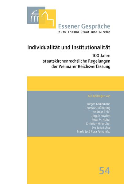 Im Jahre 2019 wurden die bis heute fortgeltenden staatskirchenrechtlichen Bestimmungen der Weimarer Reichsverfassung hundert Jahre alt. Zentrale Inhalte dieser Vorschriften bilden das Verbot der Staatskirche, die Verbürgung des Selbstbestimmungsrechts der Religionsgemeinschaften und die Gewähr des Körperschaftsstatus. Die Übernahme dieser institutionellen Regelungen durch das Grundgesetz jährte sich 2019 ebenso zum siebzigsten Mal wie die Intensivierung des grundrechtlichen Schutzes der Glaubensfreiheit durch Art. 4 GG. Dies war den 54. „Essener Gesprächen zum Thema Staat und Kirche“ Anlass, in ihren hier dokumentierten Vorträgen zunächst dem Entstehen wie auch dem zeitgenössischen Verständnis der staatskirchenrechtlichen Bestimmungen der Weimarer Reichsverfassung nachzuspüren. Vor dem so entfalteten Hintergrund wurde hernach die Entwicklung des Verhältnisses von Staat und Religion unter der Geltung des Grundgesetzes nachgezeichnet, um auf dieser Grundlage die Charakteristika wie auch die Zukunftsfähigkeit der staatskirchenrechtlichen Bestimmungen zu erörtern. Abgerundet wurde die Tagung schließlich durch einen Blick auf die Auswirkungen des deutschen Staatskirchenrechts auf ausländische Rechtsordnungen, insbesondere auf die Ausgestaltung des Verhältnisses von Staat und Religion in Spanien. Mit Beiträgen von Jürgen Kampmann Thomas Großbölting Andreas Thier Jörg Ennuschat Peter M. Huber Christian Hillgruber Eva Julia Lohse María José Roca Fernández