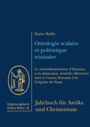 Die Arbeit untersucht die gestufte Trinitätslehre der Apologia Apologiae (AA) des Eunomios und die Bedeutung des Unterschieds ?t?st??-?t?st?? in der ersten Widerlegung der Apologia Apologiae durch Gregor von Nyssa (Eun.I). Der erste Teil der Untersuchung skizziert den Zeitkontext der Polemik und versucht, die Zitate der AA in Eun. I Gregors genauer einzugrenzen. Der zweite Teil präsentiert die Eckpfeiler der Trinitätslehre Eunomios‘ und erhellt im Rahmen der Möglichkeiten deren theologische und philosophische Quellen. Der dritte Teil ist der Widerlegung Eunomios durch Gregor gewidmet, wobei die Differenzierung ?t?st??-?t?st?? als Hauptelement betrachtet werden kann. L’ouvrage étudie la doctrine trinitaire subordinatianiste de l’Apologie de l’Apologie d’Eunome (AA) et le rôle de la distinction ?t?st??/?t?st?? dans la première réfutation de l’AA par Grégoire de Nysse (Eun. I). La première partie rappelle le contexte historique de la polémique, puis apporte de nombreuses précisions sur les citations de l’AA d’Eunome faites par Grégoire dans le Eun. I. La deuxième partie présente les éléments fondamentaux de la théologie d’Eunome d’après les deux premières citations de l’AA et tâche d’en préciser les sources possibles. La troisième partie est consacrée à la réfutation menée par Grégoire, dont la distinction ?t?st??/?t?st?? apparaît comme un élément fondamental