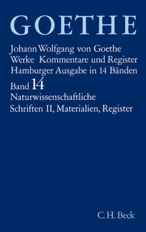 Band 14 bringt Goethes "Geschichte der Farbenlehre", die für ihn selbst ein "Symbol der Geschichte aller Wissenschaften" war. Die nicht von Goethe stammenden Teile sind in der vorliegenden Ausgabe fortgelassen, der Goethesche Text aber wird lückenlos gebracht. Dorothea Kuhn hat auch diesen Teil mit einem eingehenden Kommentar versehen und dabei ihre genaue Kenntnis von Goethes handschriftlichem Nachlaß verwertet. Die Beiträge von Richard Benz und Heinz Nicolai sollen einander ergänzen: Während R. Benz in knapper Form Goethes Leben zusammenhängend darstellt, folgt die "Zeittafel" von F. Nicolai Goethes Leben Monat für Monat, Woche für Woche. Angeschlossen ist eine Bibliographie zu Goethes Leben und seiner Welt, die aus der Masse des Schrifttums soviel nennt, daß der Benutzer für alle Fragenkreise Werke findet, mit deren Hilfe er weiter in die Forschung eindringen kann. Diese Auswahl-Bibliographie ist als Ergänzung der Werk-Bibliographien in den einzelnen Bänden gedacht. Das Namen-Register und das Werk-Register, bearbeitet von Irmgard Böttcher, sowie das Sach-Register, bearbeitet von Dorothea Schäfer, erschließen den Text und die Anmerkungen der 14bändigen Ausgabe.