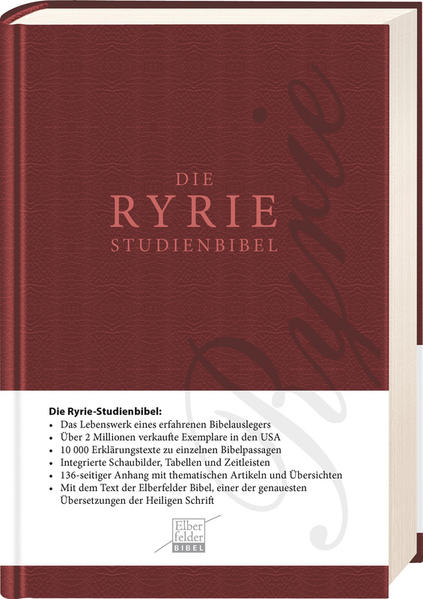 Die Ryrie-Studienbibel hat nicht nur in den USA (mit über 2 Millionen verkauften Exemplaren) viele Freunde, sondern mittlerweile auch im deutschsprachigen Raum. Charles C. Ryrie ist für seine fundierte, zuverlässige Kommentierung bekannt. Auch schwierige Stellen werden zufriedenstellend erläutert. Im Anhang finden sich systematische und leicht zugängliche Überblickstexte zu den wichtigsten Lehren der Bibel. Der solide Einband aus italienischem Kunstleder macht diese Ausgabe zu einem langlebigen Werkzeug. Der Bibeltext ist nach der exakten Elberfelder Übersetzung wiedergegeben.