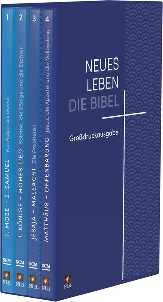 Für Gottes Wort braucht man wache Augen-oft ist eine Großdruckausgabe das Beste. Wenn es sich dann auch noch um vier schmucke schlanke Bände im Schuber anstatt eines dicken Buches handelt, dann wird das Lesen zum Genuss. Die Ausgabe enthält biblische Verweisstellen sowie im Anhang alle Farbtafeln (Landkarten und Zeittafeln), die zur Neues Leben Bibel gehören, ebenso das Ortsregister und den lexikalischen Anhang.