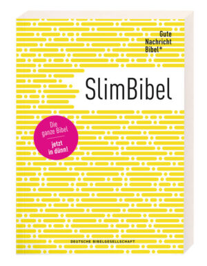 Kaum zu glauben: Die ganze Bibel so dünn wie ein Taschenbuch Diese Bibel ist nur rund 1,8 cm dünn-und trotzdem befinden sich darin alle Texte des Alten und Neuen Testaments in der Übersetzung der Gute Nachricht Bibel! -Noch dünner als Dünndruck: die ganze Bibel als Taschenbuch-nur 1,8 cm dick!-Die Gute Nachricht: Altes und Neues Testament in einer interkonfessionellen Bibelübersetzung-Leicht in der Hand und einfach zu lesen: Moderne Sprache kombiniert mit einem innovativen, besonders gut lesbaren Layout-Immer dabei: Optimal für die tägliche Bibellektüre, denn diese Bibel passt in jede Tasche und jeden Koffer!-Die wahrscheinlich dünnste deutsche Bibel-ein originelles Geschenk zur Konfirmation oder Patengeschenk! Die Slim Bibel-eine preisgünstige Bibel im innovativen Design Eigentlich gehört die Bibel zu den dicksten Büchern der Welt. Entsprechend unhandlich sind viele Bibelausgaben-bis jetzt! Obwohl die Slim Bibel sehr kompakt ist, enthält sie dennoch den vollständigen Bibeltext mit allen Abschnittsüberschriften, Kapiteln und Versangaben. So ist es den Designern und Buch-Herstellern der Deutschen Bibelgesellschaft gelungen, eine wirklich dünne Bibel zu drucken: -Platzsparendes und trotzdem übersichtliches Layout, zweispaltig durchgängig als Fließtext gesetzt-Leicht (nur 480g!), aber stabil dank eines besonderen Dünndruck-Papiers-Nichts als das Wort Gottes: Verzicht auf Verweise oder Parallelstellen Leicht, handlich, gut lesbar-diese Bibel-Taschenbuchausgabe können Sie wirklich überall mit hinnehmen!