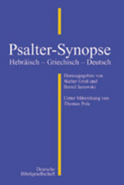 Die Psalter-Synopse stellt den hebräischen und griechischen Text der Psalmen sowie die beiden gebräuchlichsten deutschen Übersetzungen-Einheitsübersetzung und revidierte Lutherbibel-in vier parallelen Kolumnen nebeneinander. Durch diese übersichtliche Anordnung können die genannten vier Textformen auf einfache Weise direkt miteinander verglichen werden. Außerdem sind der textkritische Apparat der Biblia Hebraica Stuttgartensia und die biblischen Vergleichsstellen von Einheitsübersetzung und Lutherbibel am Fuße der Seiten abgedruckt.