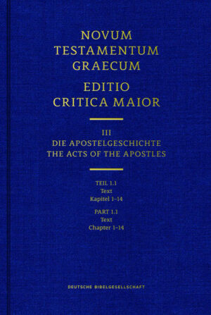 Die Editio Critica Maior dokumentiert die gesamte griechische Textgeschichte des Neuen Testaments im 1. Jahrtausend. Sie ist die Grundlage für die wissenschaftliche Forschung zum Text des Neuen Testaments.-Die vollständige Apostelgeschichte erscheint in folgenden Teilbänden: 1. Text (Teil 1.1 + Teil 1.2): ISBN 978-3-438-05609-2 + ISBN 978-3-438-05610-8 2. Begleitende Materialien: ISBN 978-3-438-05612-2 3. Studien: ISBN 978-3-438-05613-9 4. Gesamtband mit allen Teilen: ISBN 978-3-438-05614-6