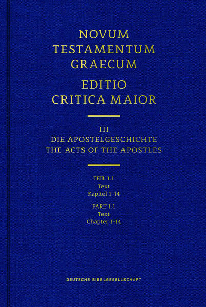 Die Editio Critica Maior dokumentiert die gesamte griechische Textgeschichte des Neuen Testaments im 1. Jahrtausend. Sie ist die Grundlage für die wissenschaftliche Forschung zum Text des Neuen Testaments.-Die vollständige Apostelgeschichte erscheint in folgenden Teilbänden: 1. Text (Teil 1.1 + Teil 1.2): ISBN 978-3-438-05609-2 + ISBN 978-3-438-05610-8 2. Begleitende Materialien: ISBN 978-3-438-05612-2 3. Studien: ISBN 978-3-438-05613-9 4. Gesamtband mit allen Teilen: ISBN 978-3-438-05614-6