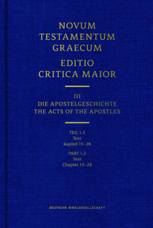 Die Editio Critica Maior dokumentiert die gesamte griechische Textgeschichte des Neuen Testaments im 1. Jahrtausend. Sie ist die Grundlage für die wissenschaftliche Forschung zum Text des Neuen Testaments.-Die vollständige Apostelgeschichte erscheint in folgenden Teilbänden: 1. Text (Teil 1.1 + Teil 1.2): ISBN 978-3-438-05609-2 + ISBN 978-3-438-05610-8 2. Begleitende Materialien: ISBN 978-3-438-05612-2 3. Studien: ISBN 978-3-438-05613-9 4. Gesamtband mit allen Teilen: ISBN 978-3-438-05614-6