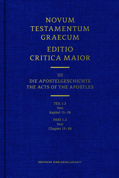 Die Editio Critica Maior dokumentiert die gesamte griechische Textgeschichte des Neuen Testaments im 1. Jahrtausend. Sie ist die Grundlage für die wissenschaftliche Forschung zum Text des Neuen Testaments.-Die vollständige Apostelgeschichte erscheint in folgenden Teilbänden: 1. Text (Teil 1.1 + Teil 1.2): ISBN 978-3-438-05609-2 + ISBN 978-3-438-05610-8 2. Begleitende Materialien: ISBN 978-3-438-05612-2 3. Studien: ISBN 978-3-438-05613-9 4. Gesamtband mit allen Teilen: ISBN 978-3-438-05614-6