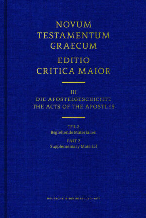 Die Editio Critica Maior dokumentiert die gesamte griechische Textgeschichte des Neuen Testaments im 1. Jahrtausend. Sie ist die Grundlage für die wissenschaftliche Forschung zum Text des Neuen Testaments.-Die vollständige Apostelgeschichte erscheint in folgenden Teilbänden: 1. Text (Teil 1.1 + Teil 1.2): ISBN 978-3-438-05609-2 + ISBN 978-3-438-05610-8 2. Begleitende Materialien: ISBN 978-3-438-05612-2 3. Studien: ISBN 978-3-438-05613-9 4. Gesamtband mit allen Teilen: ISBN 978-3-438-05614-6