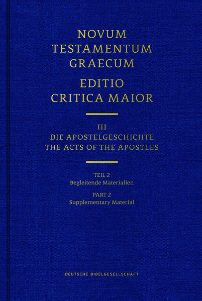 Die Editio Critica Maior dokumentiert die gesamte griechische Textgeschichte des Neuen Testaments im 1. Jahrtausend. Sie ist die Grundlage für die wissenschaftliche Forschung zum Text des Neuen Testaments.-Die vollständige Apostelgeschichte erscheint in folgenden Teilbänden: 1. Text (Teil 1.1 + Teil 1.2): ISBN 978-3-438-05609-2 + ISBN 978-3-438-05610-8 2. Begleitende Materialien: ISBN 978-3-438-05612-2 3. Studien: ISBN 978-3-438-05613-9 4. Gesamtband mit allen Teilen: ISBN 978-3-438-05614-6