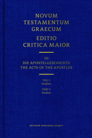 Die Editio Critica Maior dokumentiert die gesamte griechische Textgeschichte des Neuen Testaments im 1. Jahrtausend. Sie ist die Grundlage für die wissenschaftliche Forschung zum Text des Neuen Testaments.-Die vollständige Apostelgeschichte erscheint in folgenden Teilbänden: 1. Text (Teil 1.1 + Teil 1.2): ISBN 978-3-438-05609-2 + ISBN 978-3-438-05610-8 2. Begleitende Materialien: ISBN 978-3-438-05612-2 3. Studien: ISBN 978-3-438-05613-9 4. Gesamtband mit allen Teilen: ISBN 978-3-438-05614-6