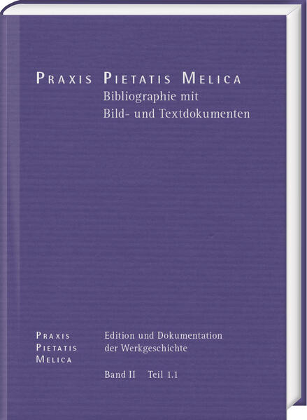 Band II/1.1 bietet eine um zahlreiche Bild- und Textdokumente (z.B. Illustrationen und Vorredentexte) erweiterte Bibliographie der Praxid Pietatis Melica (PPM), die diese Liedsammlung, die als eines der erfolgreichsten Werke der Gesangbuchgeschichte gilt, erstmals in der Vielzahl und Vielfalt ihrer in vier Editionsreihen (Berlin, Frankfurt/Main, Stettin, Hamburg) erschienenen Ausgaben erschließt. Statt einer rein chronologischen Reihung erfolgt eine sechs Kapitel umfassende Gliederung nach Ausgabengruppen, sodass Grundzüge der Werkgeschichte bereits in der Disposition sichtbar werden. Innerhalb der Kapitel bilden die Beschreibungen der einzeln erfassten Ausgaben gewissermaßen gleichartig aufgebaute Artikel, jeweils mit einem Kommentar als wesentlichem Bestandteil versehen. Diese beträchtlichen Raum einnehmenden Kommentare sind als eine auf gründlicher Auswertung der Literatur beruhende Rekonstruktion bisheriger bibliographischer Forschung zur PPM angelegt und zeigen darüber hinaus verbleibende Forschungsdesiderate auf.