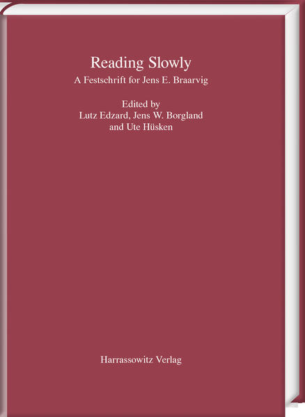 Reading Slowly contains contributions from a variety of fields as diverse as Buddhist Studies, Linguistics, Middle Eastern Studies, Indology, East Asia Studies, Sinology, Classical Studies and Nordic Studies, all focused in some way on the importance of philological scholarship for understanding history, culture, religion, language and law. Although their objects of study, source language(s), media, focus and research questions are different, the essays in this volume are firmly bound together by the philological method -in the broadest sense of the term -and the scholarship of Jens E. Braarvig, whose vast scope of interest and knowledge is reflected in the breadth of this Festschrift. With contributions dealing directly with sources in languages such as Sanskrit, Pāli, Tibetan, Chinese, Arabic, Hebrew, Hurrian, Korean, Latin, Greek and Old Norse, preserved on materials such as birch bark and paper manuscripts, clay tablets, wood slabs, printed editions, and modern day street signs, this volume is not only a homage to the breadth of Jens Braarvig's scholarship, but also a demonstration of the importance of language proficiency and philology for the humanities.