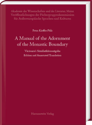 The Sīmālaṅkārasaṅgaha, “A Manual of the Adornment of the Monastic Boundary”, is a verse text of 99 stanzas written in the Middle Indic language Pāli around the beginning of the 13th century by the Sinhalese monk Vācissara. It deals with Buddhist monastic boundaries (sīmā) which define the areas within which Buddhist communities of monks or nuns meet to carry out legal acts such as ordinations. Any ambiguity of a monastic boundary can cause the invalidity of the legal acts carried out within it. The Sīmālaṅkārasaṅgaha focuses on a difference in interpretation regarding whether or not connections between certain types of monastic boundaries, namely between a ‘determined boundary’ and a ‘village boundary’, lead to a confusion of the areas, and thus render the legal acts carried out within the ‘determined boundary’ invalid. Vācissara defends the Sinhalese approach that says that there is a confusion against the South Indian Coḷiya approach that says there is not. This is the only text that throws light on the relation of these two traditions and their dispute about monastic boundaries from the Sinhalese perspective. The monograph contains an edition, the first translation into a Western language (annotated), as well as an investigation into the text, the author, the meter, the content, its position in Pāli literature, and its reception.
