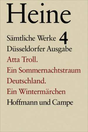 Dieser Band enthält Heines Versepen "Atta Troll" und "Deutschland. Ein Wintermärchen" in deutscher und französischer Verson, ergänzt durch zahlreiche Bruchstücke aus den Entwürfen und anderen Fassungen. Besonders reichhaltig lassen sich die Entstehungsstifen des ersten Epos dokumentieren, das der Autor im Abstand von fünf Jahrn mehrfach umgearbeitet und noch nach der Buchausgabe (1847) weiter ergänzt hat. Aber auch für das "Wintermärchen" (1844) sind Teile der Entwurfshandschriften und vollständig die Druckvorlage erhalten.