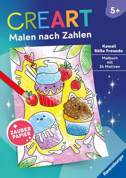 Malen nach Zahlen - jetzt auf magischem Papier! Süße Motive im Kawaii-Stil malen wie die Profis ist mit diesem Malbuch kein Problem Ausmalen und Entdecken - dieses Malbuch mit 24 ansprechenden Motiven auf Zauberpapier kombiniert Malspaß und Überraschungseffekt. Was verbirgt sich hinter dem Regenbogen? Welchen Freund trifft das niedliche Einhorn? Kinder ab 5 Jahren malen die nummerierten Felder aus und bringen versteckte Motive auf dem Zauberpapier zum Vorschein. So entstehen im Handumdrehen perfekte Kunstwerke. Die Farbpalette der Motive entspricht handelsüblichen Stiftpackungen. Die Ravensburger Erfolgsreihe CreArt - Malen nach Zahlen macht Malen zum Kinderspiel: Alle Ausmalfelder enthalten Zahlen, die die Farben vorgeben. Feld für Feld entstehen so ansprechende, detailreiche Bilder. Kinder malen erfolgreich auch anspruchsvolle Motive, wie Dinosaurier, Pferde oder Meerjungfrauen. Die Malbuch-Reihe enthält Angebote für zwei Altersstufen: ab 5 Jahren und ab 7 Jahren. Je nach Alter variiert die Größe der Malflächen. Sehr kleine Flächen sind vorgefärbt. Die Farbe der Zahlen erleichtert Vorschulkindern zudem die Zuordnung. So können die Kinder ganz nebenbei die Zahlen lernen. CreArt - Malen nach Zahlen gibt es auch mit Überraschungseffekt. In Heften mit Zauberpapier werden beim Ausmalen zusätzlich versteckte Details sichtbar. Das ist magisch und motiviert zum Fertigmalen. CreArt ist Malspaß mit Erfolgsgarantie und ein perfektes Geschenk für Mädchen und Jungen.