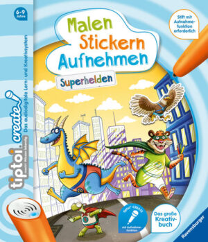 Helden gesucht! Vier Superhelden sind auf einer spannenden Mission - doch wie sieht es in ihrer Zentrale aus? Was singt ein Held unter der Dusche? Wie lautet der beste Superhelden- Name? Kleine und große Künstler gestalten ihre eigene tiptoi- Welt. Mit Stickern, Buntstiften und viel Fantasie zeigen sie, wie ein Superhelden- Training aussieht und was zur Ausrüstung dazu gehört. Die Geschichte wird zu einem individuellen Hörspiel, indem die Kinder für starke Helden und fiese Schurken Geräusche und Sätze aufnehmen. tiptoi CREATE fördert die Kreativität! Mit der Produktreihe für den tiptoi- Stift mit Aufnahmefunktion gestalten Kinder ab 6 Jahren fantasievoll und interaktiv ihre eigene tiptoi- Welt. Die detailreichen Illustrationen der Produkte werden durch überraschende Geräusche und witzige Dialoge lebendig. In den CREATE- Büchern und Spielen gibt es zahlreiche Anregungen zum Geschichten erzählen, Geräusche ausdenken, Lieder singen oder Spiele erfinden. So werden die Kinder mit ihren eigenen Sprachaufnahmen zur Heldin oder zum Helden ihres Abenteuers. Es entsteht ein individuelles Buch oder Spiel, das immer wieder mit neuen Ideen verändert werden kann. Funktioniert nur mit dem tiptoi- Stift mit Aufnahmefunktion. Stift muss separat erworben werden.