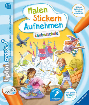 Hier sind Zauberlehrlinge am Werk Die Zauberschule beginnt! Auf dem Lehrplan stehen: Zaubersprüche, Fabelwesen, Tränke brauen und Sternenkunde. Mit über 200 tiptoi- Stickern, Bunt- oder Filzstiften und viel Fantasie erschaffen Kinder ihre eigenen Bilder und Szenen. Durch die tiptoi- Create- Aufnahmefunktion wird das Buch mit lustigen Geräuschen, Geschichten und Reimen ausgestattet. So wird jedes Kind zum Autor und Helden seiner eigenen Geschichte. tiptoi CREATE fördert die Kreativität! Mit der Produktreihe für den tiptoi- Stift mit Aufnahmefunktion gestalten Kinder ab 6 Jahren fantasievoll und interaktiv ihre eigene tiptoi- Welt. Die detailreichen Illustrationen der Produkte werden durch überraschende Geräusche und witzige Dialoge lebendig. In den CREATE- Büchern und Spielen gibt es zahlreiche Anregungen zum Geschichten erzählen, Geräusche ausdenken, Lieder singen oder Spiele erfinden. So werden die Kinder mit ihren eigenen Sprachaufnahmen zur Heldin oder zum Helden ihres Abenteuers. Es entsteht ein individuelles Buch oder Spiel, das immer wieder mit neuen Ideen verändert werden kann. Funktioniert nur mit dem tiptoi- Stift mit Aufnahmefunktion. Stift muss separat erworben werden.