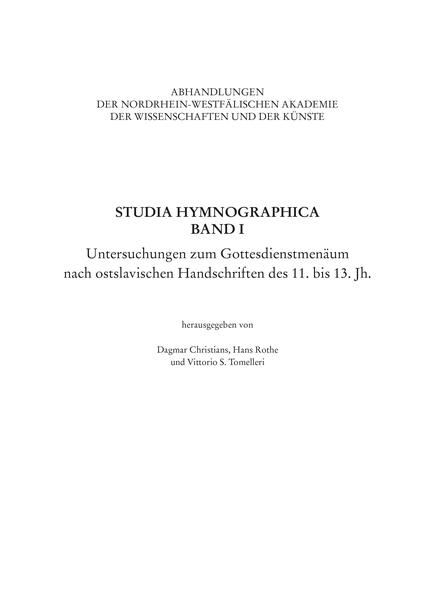 Die Herausgeber Dagmar Christians, Hans Rothe und Vittorio S. Tomelleri bieten in diesem Band als Ergänzung zur Edition der Gottesdienstmenäen für Dezember, Februar und April eine Sammlung von Studien zum ostslavischen Gottesdienstmenäum. Während Hans Rothe elf theologische Kommentare zu den ältesten liturgischen Hymnen in der Rus´ liefert, die auch die Monate September bis Oktober berücksichtigen, befasst sich Dagmar Christians vor allem mit der Überlieferung und den Übersetzerprofilen des ostslavischen Aprilmenäums. Darüberhinaus stellt der Band ein Verzeichnis aller Personen- und Ortsnamen sowie der nach Handschriften edierten griechischen Hymnen für Dezember, Februar und April bereit. Vittorio S. Tomelleri analysiert die im Kanon für Kyrill und Method enthaltenen Gottesmutterhymnen.