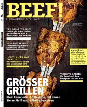 BEEF! Für Männer, die leidenschaftlich gern kochen, essen und genießen! BEEF! ist Deutschlands erstes Food-Bookazine für Männer, die leidenschaftlich gern kochen, essen und genießen. In BEEF! finden Sie all das, was Sie bislang in dieser kompakten Form vermisst haben: umfangreiches Expertenwissen zu handwerklichen Techniken und Warenkunde, anspruchsvolle, von Profis exklusiv entwickelte Rezepte und Menüs, ausgewählte Bestelladressen für Lebensmittel und Weine, Gerätetests mit Kaufberatung und Reportagen aus aller Welt von Orten, von denen Hobbyköche träumen. Und das alles auf eine unterhaltsame Art, die Spaß macht – in modernem Design und einer aufregenden neuen Bildsprache. BEEF! ist ein extrem hochwertiges Bookazine, eine Mischung aus Buch und Zeitschrift, gestaltet mit aufwendigen Veredelungstechniken und Sonderpapieren. Jede Ausgabe ist ein Unikat zum Sammeln. Die Themen im neuen BEEF!: • Größer Grillen: Klein kann jeder: 10 Rezepte, mit denen Sie am Grill wahre Größe beweisen • Dry aging für alle! Endlich gibt es das gereifte Fleisch auch in Deutschland: alle Adressen • Killer-Werkzeug: 19 mordsmäßig scharfe Kochmesser im Test • „Ich tu alles, was du willst“: 9 neue Eissorten, um die man Sie anflehen wird • Tiefgefrohrene Gassen: ein Besuch auf dem blutigsten Fest der Welt