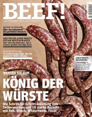 BEEF! ist Deutschlands erstes Food-Bookazine für Männer, die leidenschaftlich gern kochen, essen und genießen. In BEEF! finden Sie all das, was Sie bislang in dieser kompakten Form vermisst haben: umfangreiches Expertenwissen zu handwerklichen Techniken und Warenkunde, anspruchsvolle, von Profis exklusiv entwickelte Rezepte und Menüs, ausgewählte Bestelladressen für Lebensmittel und Weine, Gerätetests mit Kaufberatung und Reportagen aus aller Welt von Orten, von denen Hobbyköche träumen. Und das alles auf eine unterhaltsame Art, die Spaß macht – in modernem Design und einer aufregenden neuen Bildsprache. BEEF! ist ein extrem hochwertiges Bookazine, eine Mischung aus Buch und Zeitschrift, gestaltet mit aufwendigen Veredelungstechniken und Sonderpapieren. Jede Ausgabe ist ein Unikat zum Sammeln. Die Themen im neuen BEEF!: • Werden Sie zum König der Würste: Die Schritt-für-Schritt-Anleitung zum Selberwursten und 10 starke Rezepte für Reh, Hirsch, Wildschwein und Fasan … • Mehr Schnaps! Über das Geheimnis des perfekten Desserts • Deutschlands beste Steak-Restaurants: Hier sind die Adressen. Teil 2 unserer großen Dry-Age-Serie • Reifeprüfung: 25 wahnsinnige Käse, die Sie gegessen haben müssen • Jauchzet, Männer! 7 Vorschläge für Ihr erstes Weihnachten mit Geschenken, über die Sie sich wirklich freuen