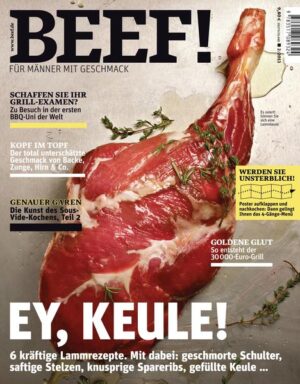 BEEF! Das Food-Bookazine für Männer mit Geschmack BEEF! ist Deutschlands erstes Food-Bookazine für Männer, die leidenschaftlich gern kochen, essen und genießen. In BEEF! finden Sie all das, was Sie bislang in dieser kompakten Form vermisst haben: umfangreiches Expertenwissen zu handwerklichen Techniken und Warenkunde, anspruchsvolle, von Profis exklusiv entwickelte Rezepte und Menüs, ausgewählte Bestelladressen für Lebensmittel und Weine, Gerätetests mit Kaufberatung und Reportagen aus aller Welt von Orten, von denen Hobbyköche träumen. Und das alles auf eine unterhaltsame Art, die Spaß macht – in modernem Design und einer aufregenden neuen Bildsprache. BEEF! ist ein extrem hochwertiges Bookazine, eine Mischung aus Buch und Zeitschrift, gestaltet mit aufwendigen Veredelungstechniken und Sonderpapieren. Jede Ausgabe ist ein Unikat zum Sammeln. Die Themen im neuen BEEF!: • Ey, Keule! 6 kräftige Lammrezepte. Mit dabei: geschmorte Schulter, saftige Stelzen, knusprige Spareribs, gefüllte Keule … • Schaffen Sie Ihr Grill-Examen? Zu Besuch in der ersten BBQ-Uni der Welt • Kopf im Topf. Der total unterschätzte Geschmack von Backe, Zunge, Hirn & Co. • Genauer Garen. Die Kunst des Sous-Vide-Kochens, Teil 2 • Goldene Glut. So entsteht der 30.000-Euro-Grill Werden Sie unsterblich! Poster aufklappen und nachkochen: Dann gelingt Ihnen das 4-Gänge-Menü.