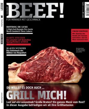 BEEF! Das Food-Bookazine für Männer BEEF! ist Deutschlands erstes Food-Bookazine für Männer, die leidenschaftlich gern kochen, essen und genießen. In BEEF! finden Sie all das, was Sie bislang in dieser kompakten Form vermisst haben: umfangreiches Expertenwissen zu handwerklichen Techniken und Warenkunde, anspruchsvolle, von Profis exklusiv entwickelte Rezepte und Menüs, ausgewählte Bestelladressen für Lebensmittel und Weine, Gerätetests mit Kaufberatung und Reportagen aus aller Welt von Orten, von denen Hobbyköche träumen. Und das alles auf eine unterhaltsame Art, die Spaß macht – in modernem Design und einer aufregenden neuen Bildsprache. BEEF! ist ein extrem hochwertiges Bookazine, eine Mischung aus Buch und Zeitschrift, gestaltet mit aufwendigen Veredelungstechniken und Sonderpapieren. Jede Ausgabe ist ein Unikat zum Sammeln. Die Themen im neuen BEEF!: • Grill mich! Lust auf ein Luxussteak? Große Braten? Ein ganzes Menü vom Rost? In dieser Ausgabe befriedigen wir all Ihre Grillfantasien • Hotdog de Luxe. 5 High-End-Rezepte fürs beste Wurst-Sandwich Ihres Lebens • Harte Stecher. Das passiert auf deutschen Spargelfeldern wirklich • Blaues Wunder. Das Geheimnis der Höhlen von Roquefort • Froschkönig. Wie Albanien den Handel mit Fröschen kontrolliert. Und ein Mann steinreich wird