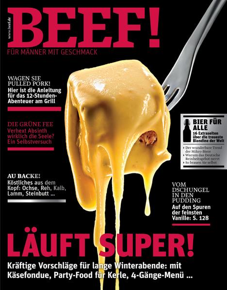 Das Food-Bookazine für Männer BEEF! ist Deutschlands erstes Food-Bookazine für Männer, die leidenschaftlich gern kochen, essen und genießen. In BEEF! finden Sie all das, was Sie bislang in dieser kompakten Form vermisst haben: umfangreiches Expertenwissen zu handwerklichen Techniken und Warenkunde, anspruchsvolle, von Profis exklusiv entwickelte Rezepte und Menüs, ausgewählte Bestelladressen für Lebensmittel und Weine, Gerätetests mit Kaufberatung und Reportagen aus aller Welt von Orten, von denen Hobbyköche träumen. Und das alles auf eine unterhaltsame Art, die Spaß macht – in modernem Design und einer aufregenden neuen Bildsprache. BEEF! ist ein extrem hochwertiges Bookazine, eine Mischung aus Buch und Zeitschrift, gestaltet mit aufwendigen Veredelungstechniken und Sonderpapieren. Jede Ausgabe ist ein Unikat zum Sammeln. Die Themen im neuen BEEF!: • Läuft super! Kräftige Vorschläge für lange Winterabende: mit Käsefondue, Party-Food für Kerle, 4-Gänge-Menü … • Wagen sie Pulled Pork! Hier ist die Anleitung für das 12-Stunden-Abenteuer am Grill • Die grüne Fee. Verhext Absinth wirklich die Seele? Ein Selbstversuch • Au Backe! Köstliches aus dem Kopf: Ochse, Reh, Kalb, Lamm, Steinbutt … • Vom Dschungel in den Pudding. Auf den Spuren der feinsten Vanille • Bier für alle. 16 Extraseiten über die treueste Blondine der Welt