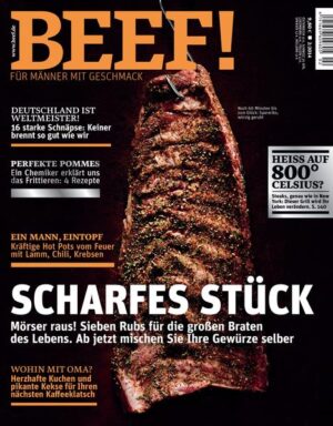 Das Food-Bookazine für Männer BEEF! ist Deutschlands erstes Food-Bookazine für Männer, die leidenschaftlich gern kochen, essen und genießen. In BEEF! finden Sie all das, was Sie bislang in dieser kompakten Form vermisst haben: umfangreiches Expertenwissen zu handwerklichen Techniken und Warenkunde, anspruchsvolle, von Profis exklusiv entwickelte Rezepte und Menüs, ausgewählte Bestelladressen für Lebensmittel und Weine, Gerätetests mit Kaufberatung und Reportagen aus aller Welt von Orten, von denen Hobbyköche träumen. Und das alles auf eine unterhaltsame Art, die Spaß macht – in modernem Design und einer aufregenden neuen Bildsprache. BEEF! ist ein extrem hochwertiges Bookazine, eine Mischung aus Buch und Zeitschrift, gestaltet mit aufwendigen Veredelungstechniken und Sonderpapieren. Jede Ausgabe ist ein Unikat zum Sammeln. Die Themen im neuen BEEF!: •Scharfes Stück. Mörser raus! Sieben Rubs für die großen Braten des Lebens. Ab jetzt mischen Sie Ihre Gewürze selber •Deutschland ist Weltmeister! 16 starke Schnäpse: Keiner brennt si gut wie wir •Perfekte Pommes. Ein Chemiker erklärt uns das Frittieren: 4 Rezepte •Ein Mann, Eintopf. Kräftige Hot Pots vom Feuer mit Lamm, Chili, Krebsen •Wohin mit Oma? Herzhafte Kuchen und pikante Kekse für Ihren nächsten Kaffeeklatsch •Heiß auf 800° Celsius? Steaks, genau wie in New York: Dieser Grill wird Ihr Leben verändern