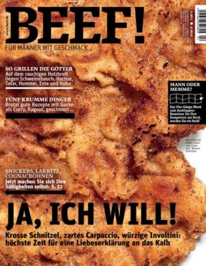 BEEF! ist Deutschlands erstes Food-Bookazine für Männer, die leidenschaftlich gern kochen, essen und genießen. In BEEF! finden Sie all das, was Sie bislang in dieser kompakten Form vermisst haben: umfangreiches Expertenwissen zu handwerklichen Techniken und Warenkunde, anspruchsvolle, von Profis exklusiv entwickelte Rezepte und Menüs, ausgewählte Bestelladressen für Lebensmittel und Weine, Gerätetests mit Kaufberatung und Reportagen aus aller Welt von Orten, von denen Hobbyköche träumen. Und das alles auf eine unterhaltsame Art, die Spaß macht – in modernem Design und einer aufregenden neuen Bildsprache. BEEF! ist ein extrem hochwertiges Bookazine, eine Mischung aus Buch und Zeitschrift, gestaltet mit aufwendigen Veredelungstechniken und Sonderpapieren. Jede Ausgabe ist ein Unikat zum Sammeln. Die Themen im neuen BEEF!: • Ja, ich will! Krosse Schnitzel, zarte Carpaccio, würzige Involtini: höchste Zeit für eine Liebeserklärung an das Kalb • So grillen die Götter. Auf dem rauchigen Holzbrett liegen Schweinebauch, Hachse, Tatar, Hummer, Ente und Huhn • Fünf krumme Dinger. Brutal gute Rezepte mit Gurke: als Curry, Ragout, geschmorrt … • Snickers, Lakritz, Cognacbohnen. Jetzt machen Sie sich Ihre Süßigkeiten selbst • Mann oder Memme? Das Vier-Gänge-Menü zum Ausklappen: Beweisen Sie Ihre Kompetenz am Herd, werden Sie ein Held!