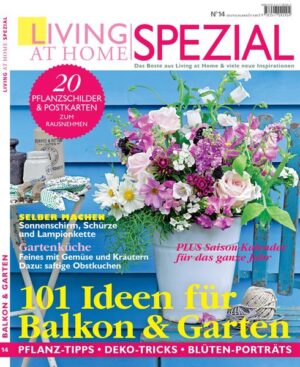 Das beste aus Living at Home & viele neue Inspirationen •101 Ideen für Balkon & Garten: Pflanz-Tipps. Deko-Tricks. Blüten-Porträts •Selber machen: Sonnenschirm, Schürze und Lampionkette •Gartenküche: Feines mit Gemüse und Kräutern. Dazu: saftige Obstkuchen •Plus Saison-Kalender für das ganze Jahr •Zum Rausnehmen: 20 tolle Pflanzenschilder & Postkarten