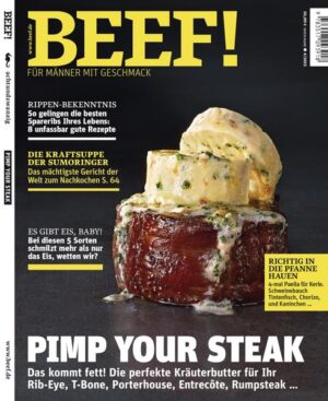 BEEF! ist Deutschlands erstes Food-Bookazine für Männer, die leidenschaftlich gern kochen, essen und genießen. In BEEF! finden Sie all das, was Sie bislang in dieser kompakten Form vermisst haben: umfangreiches Expertenwissen zu handwerklichen Techniken und Warenkunde, anspruchsvolle, von Profis exklusiv entwickelte Rezepte und Menüs, ausgewählte Bestelladressen für Lebensmittel und Weine, Gerätetests mit Kaufberatung und Reportagen aus aller Welt von Orten, von denen Hobbyköche träumen. Und das alles auf eine unterhaltsame Art, die Spaß macht – in modernem Design und einer aufregenden neuen Bildsprache. BEEF! ist ein extrem hochwertiges Bookazine, eine Mischung aus Buch und Zeitschrift, gestaltet mit aufwendigen Veredelungstechniken und Sonderpapieren. Jede Ausgabe ist ein Unikat zum Sammeln. In dieser Ausgabe: • Pimp your steak. Das kommt fett! Die perfekte Kräuterbutter für Ihr Rib-Eye, T-Bone, Porterhouse, Entrecôte, Rumsteak … • Rippen-Bekenntnis. So gelingen die besten Spareribs Ihres Lebens: 8 unfassbar gute Rezepte • Die Kraftsuppe der Sumoringer. Das mächtigste Gericht der Welt zum Nachkochen • Es gibt Eis, Baby! Bei diesen 5 Sorten schmilzt mehr als nur das Eis, wetten wir? • Richtig in die Pfanne hauen. 4-mal Paella für Kerle. Schweinebauch, Tintenfisch, Chorizo und Kaninchen …