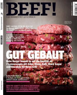 BEEF! ist Deutschlands erstes Food-Bookazine für Männer, die leidenschaftlich gern kochen, essen und genießen. In BEEF! finden Sie all das, was Sie bislang in dieser kompakten Form vermisst haben: umfangreiches Expertenwissen zu handwerklichen Techniken und Warenkunde, anspruchsvolle, von Profis exklusiv entwickelte Rezepte und Menüs, ausgewählte Bestelladressen für Lebensmittel und Weine, Gerätetests mit Kaufberatung und Reportagen aus aller Welt von Orten, von denen Hobbyköche träumen. Und das alles auf eine unterhaltsame Art, die Spaß macht – in modernem Design und einer aufregenden neuen Bildsprache. BEEF! ist ein extrem hochwertiges Bookazine, eine Mischung aus Buch und Zeitschrift, gestaltet mit aufwendigen Veredelungstechniken und Sonderpapieren. Jede Ausgabe ist ein Unikat zum Sammeln. In dieser Ausgabe: • Gut gebaut. Beim Burger kommt es auf die Qualität an. 7 Luxusrezepte mit Kobe, Bison, Black Angus und Charolais für Ihren Grill • Dry Aging für zu Hause. In diesem Kühlschrank reifen Sie Ihr Edelfleisch in Zukunft selbst • Krosse Krusten. So werden Spanferkel, Ente und Hähnchen knusprig wie noch nie • Kälteschock. 5 Sorbets mit Extrageschmack: einfach eiskalt nachmachen! • Heute gibt's Schwalbennest. Über ein wirklich seltsames Lebensmittel und einen heiß umkämpften Markt