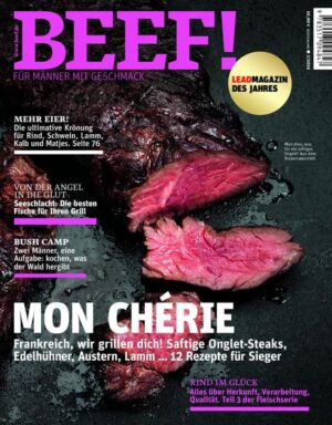 Frankreich, wir grillen dich! BEEF! ist Deutschlands erstes Food-Bookazine für Männer, die leidenschaftlich gern kochen, essen und genießen. Heft 03/16 bietet 12 französische Rezepte für Sieger: saftige Onglet-Steaks, Edelhühner, Austern und Lamm ... Außerdem "Mehr Eier" - die ultimative Krönung für Rind, Schwein, Lamm, Kalb und Matjes. Sowie von der Angel in die Glut: Die besten Fische für Ihren Grill! Und das "Bush-Camp": 2 Männer eine Aufgabe - kochen, was der Wald hergibt. Zudem gibt es Teil 3 der Fleischserie: Rind im Glück - Alles über Herkunft, Verarbeitung und Qualität!