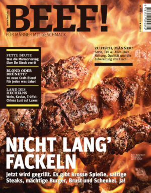 Nicht lang fackeln - jetzt wird gegrillt! BEEF! ist Deutschlands erstes Food-Bookazine für Männer, die leidenschaftlich gern kochen, essen und genießen. Das Titelthema des aktuellen Heftes ist Grillen - von Spießen zu Steaks und Burgern. Außerdem werden 10 neue Craft Biere vorgestellt und man(n) erfährt, was die Marmorierung über das Steak verrät. Es wird berichtet über Chinas Lust auf kulinarischen Luxus und die Serie "Zu Fisch, Männer!" erläutert im vierten Teil alles rund um die Haltung, Qualität und Zubereitung von Fisch.