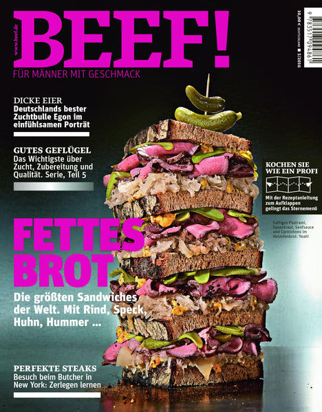 Fettes Brot - die größten Sandwiches der Welt! In diesem Heft: geht es im Titelthema um die größten Sandwiches der Welt - mit Rind, Speck, Huhn, Hummer..., wird Deutschlands bester Zuchtbulle Egon porträtiert, wird das Wichtigste über gutes Geflügel - Zucht, Zubereitung und Qualität - dargelegt und beim Butcher-Besuch in New York erfährt man alles über´s Zerlegen und perfekte Steaks. Außerdem gelingt mit der Rezeptanleitung zum Aufklappen das Sternemenü ganz sicher!