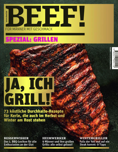 Ja, ich grill! BEEF! ist Deutschlands erstes Food-Bookazine für Männer, die leidenschaftlich gern kochen, essen und genießen. In diesem Sonderheft zum Grillen finden sich 73 köstliche Durchhalte-Rezepte für Kerle, die auch im Herbst und Winter am Rost stehen. Außer dem das erste BBQ-Lexikon für alle Enthusiasten an der Glut sowie 9 Tipps für Wintergriller, falls der Yeti mal auf ein Steak kommt. Zudem werden 9 Männer und ihre großen Grills vorgestellt: alle selbst gebaut!