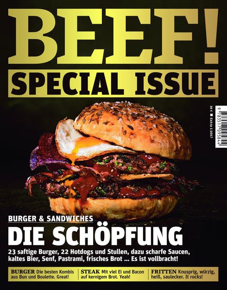 Die Schöpfung - Burger und Sandwiches 23 saftige Burger, 22 Hotdogs und Stullen, dazu scharfe Saucen, kaltes Bier, Senf, Pastrami, frisches Brot... Es ist vollbracht! + Burger - Die besten Kombis aus Bun und Boulette. Great! + Steak - Mit viel Ei und Bacon auf kernigem Brot. Yeah! + Fritten - Knusprig, würzig, heiß, saulecker. It rocks!