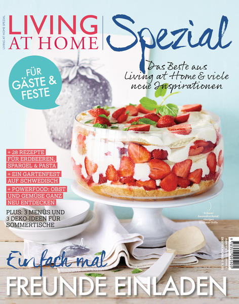 Für Gäste & Feste: Einfach mal Freunde einladen Das Beste aus Living at Home & viele neue Inspirationen. In Heft 21/2017 steht die Sommerküche im Mittelpunkt. Dazu gehören 28 leckere Rezepte für Erdbeeren, Spargel und Pasta, es wird ein Gartenfest auf Schwedisch vorgestellt & Obst und Gemüse lassen sich als Powerfood ganz neu entdecken. Das Plus für Gäste und Feste: drei Menüs und passende Deko-Ideen für Sommertische!