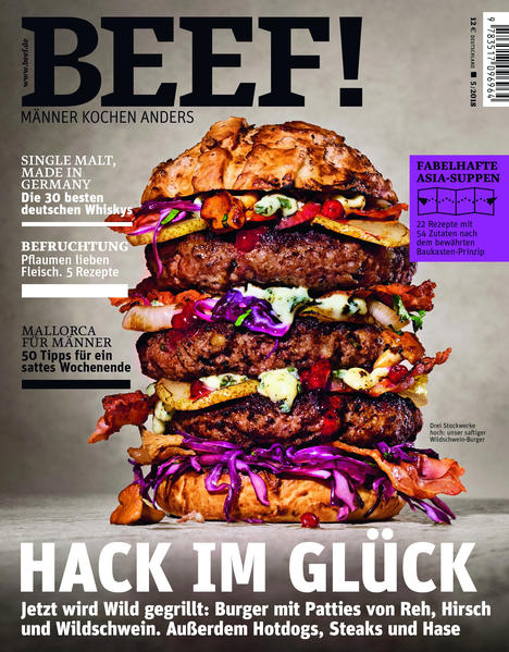 Hack im Glück - Wild gegrillt BEEF! – das ist das erste Kochmagazin für Männer. In Heft 5/18 geht es um gegrilltes Wild - Patties von Reh, Hirsch und Wildschwein, außerdem Hotdogs, Steaks und Hase. Für Asia-Suppen gibt es ein Baukasten-Prinzip aus 54 Zutaten für 22 Rezepte. Die 30 besten deutschen Whiskys werden vorgestellt und Mallorca für Männer mit 50 Tipps für ein sattes Wochenende. Zudem gibt es 5 Pflaumen-Fleisch Kreationen. Ausstattung: mit zahlreichen Farbfotos