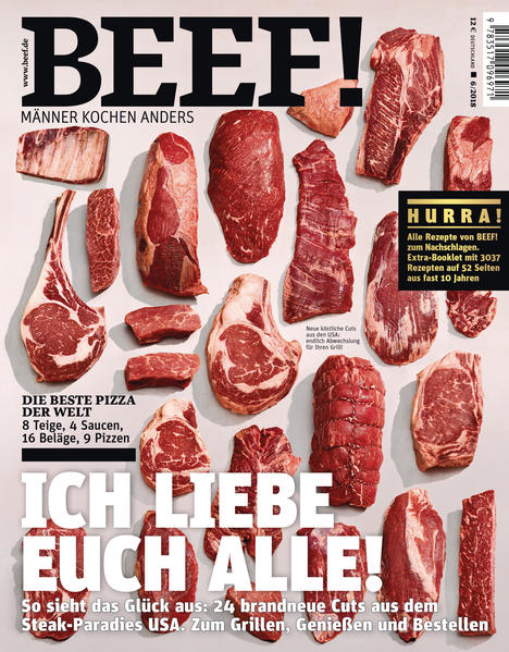 Steak-Paradies USA: 24 brandneue Cuts! BEEF! – das ist das erste Kochmagazin für Männer. Edel, informativ, klug und humorvoll. Heft 6/2018 präsentiert 24 brandneue Cuts aus dem Steak-Paradies USA zum Grillen, Genießen und Bestellen. Außerdem: Alle 3.037 Rezepte von BEEF aus knapp 10 Jahren auf 52 Seiten! Sowie die beste Pizza der Welt: 8 Teige, 4 Saucen, 16 Beläge, 9 Pizzen. Ausstattung: mit zahlreichen Farbfotos